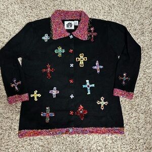 Storybook Knits Black Cardigan with Multicolor Crosses